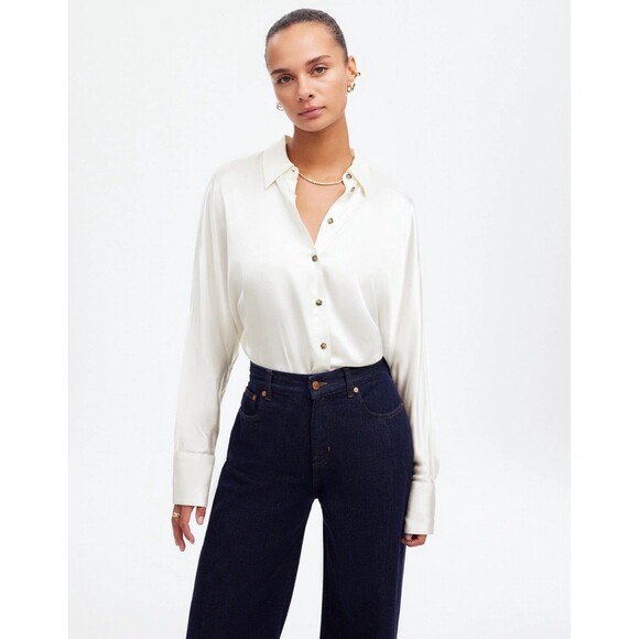 Madewell Women’s Relaxed Dolman Button-Up Shirt in Satin NWT Size M Medium - Picture 2 of 13